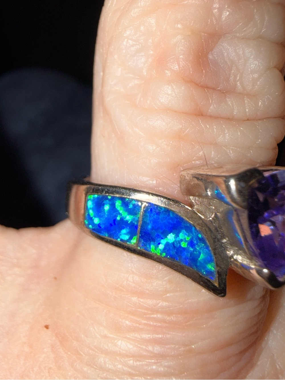 Vintage AK 925 Sterling Silver Amethyst, Opal Inlay & CZ Statement Ring - Picture 8 of 8